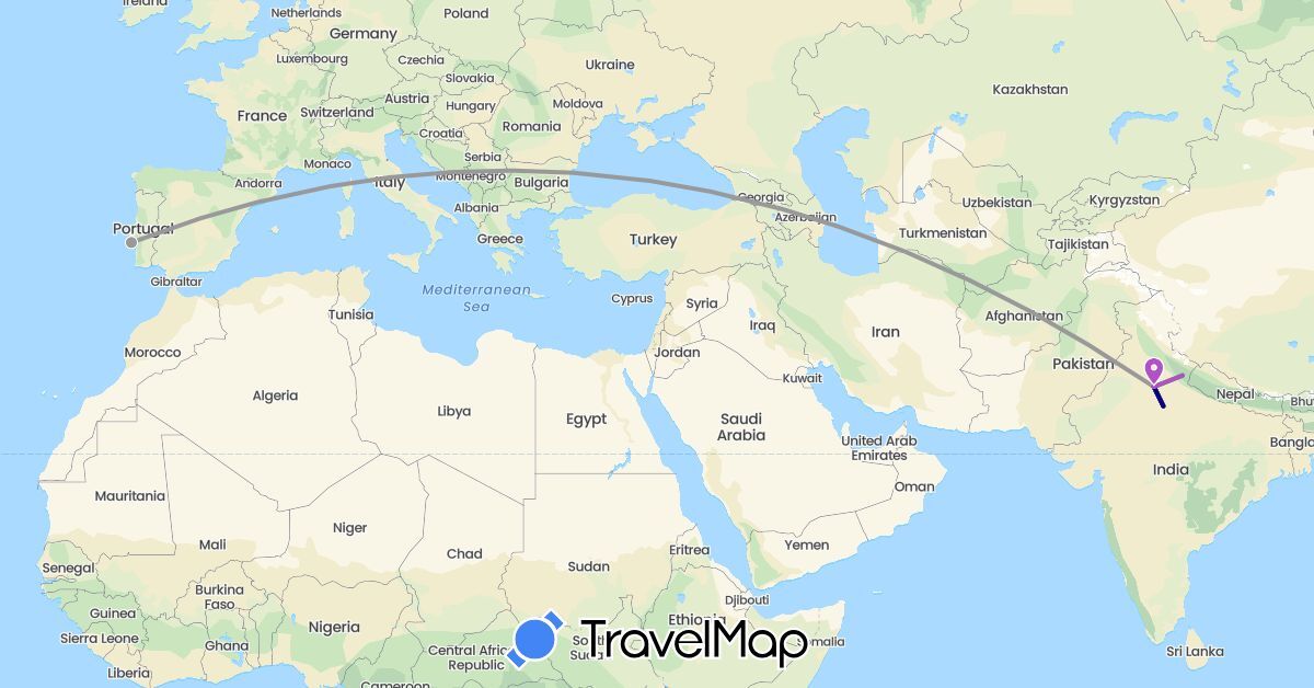 TravelMap itinerary: driving, bus, plane, train in India, Portugal (Asia, Europe)